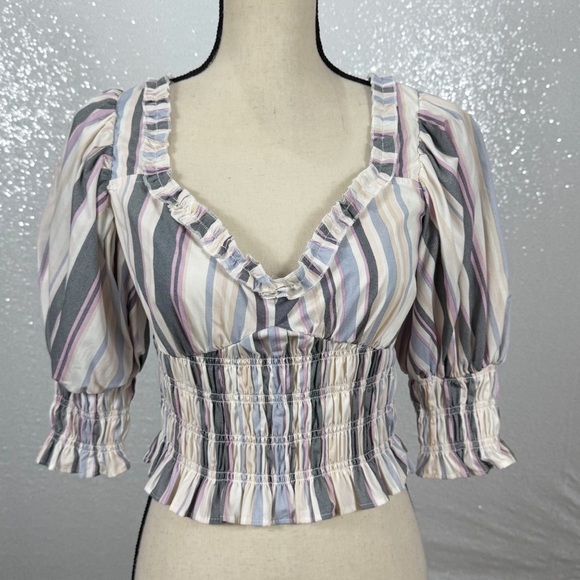 Forever 21 Multicolor Striped Smocked Puff-Sleeve Size Large - Picture 2 of 15